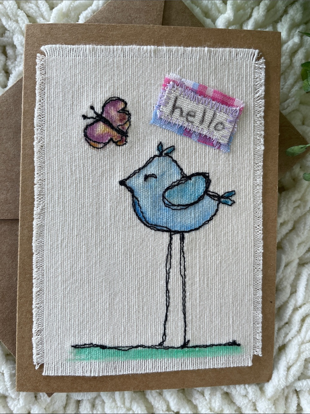 Handcrafted Greeting Card Whimsical Bird Embroidered Handpainted